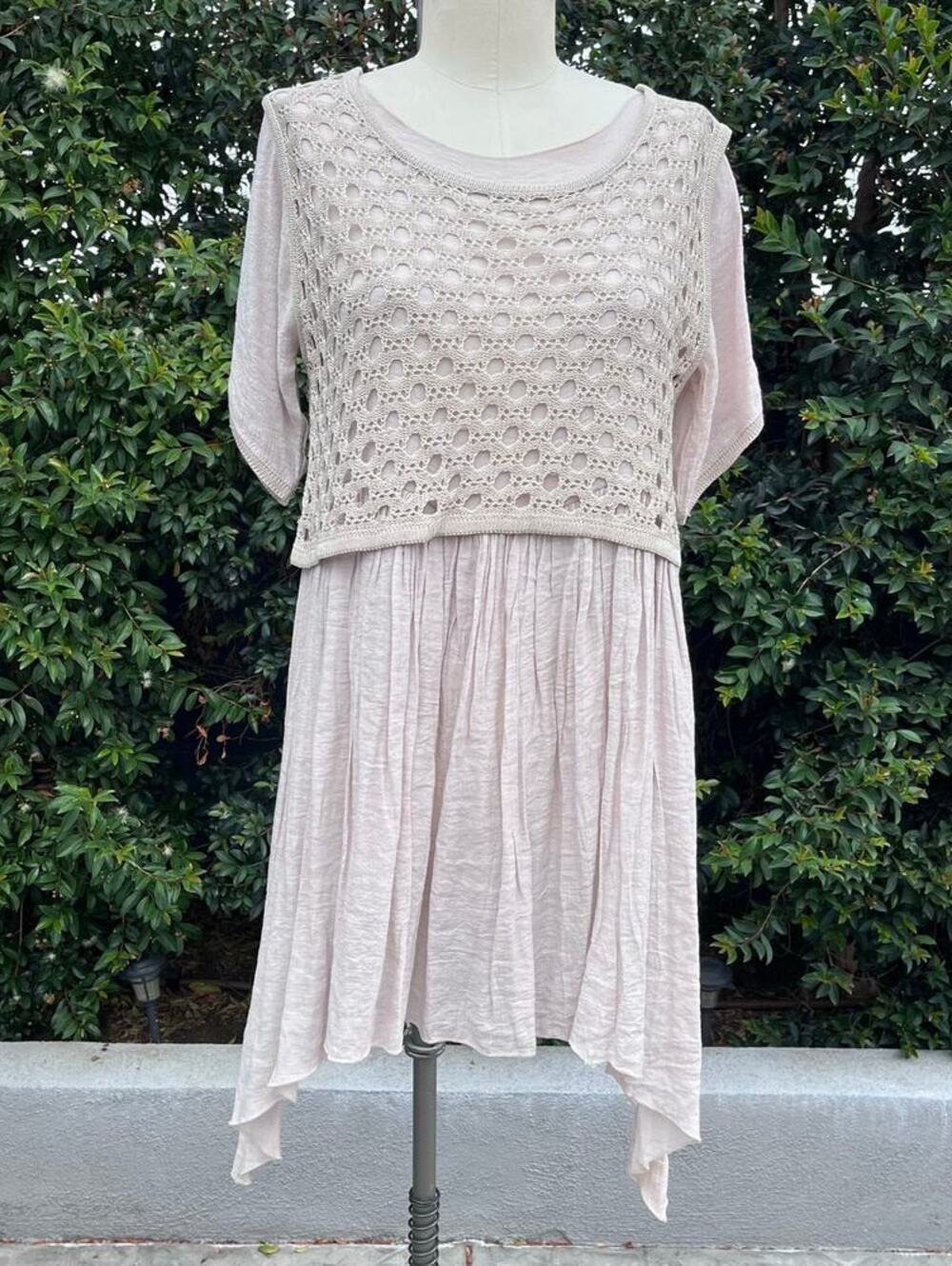 Selfie Couture Cotton Blend Crochet Overlay Tunic Dress M/L Blush Pink Cream